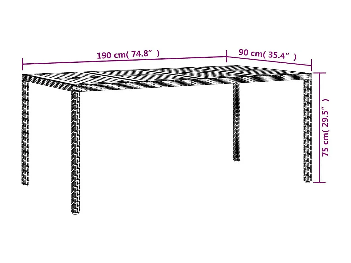 Table de jardin 190x90x75 Résine tressée et bois acacia Noir