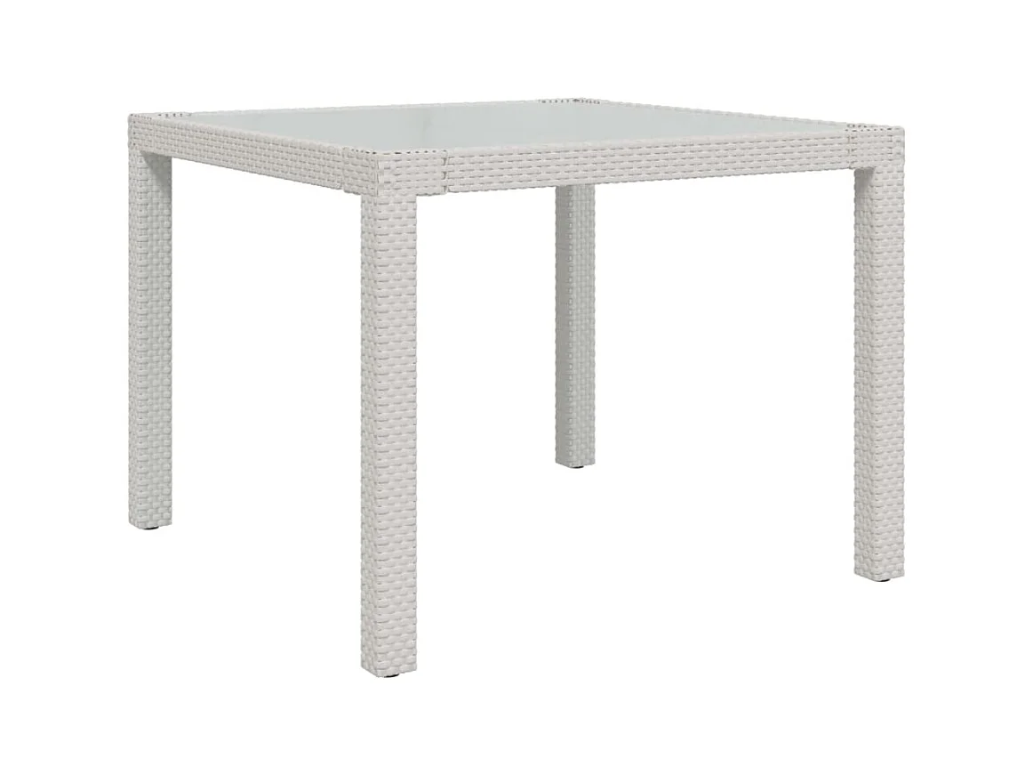 Table de jardin 90x90x75 Verre trempé et résine tressée Blanc