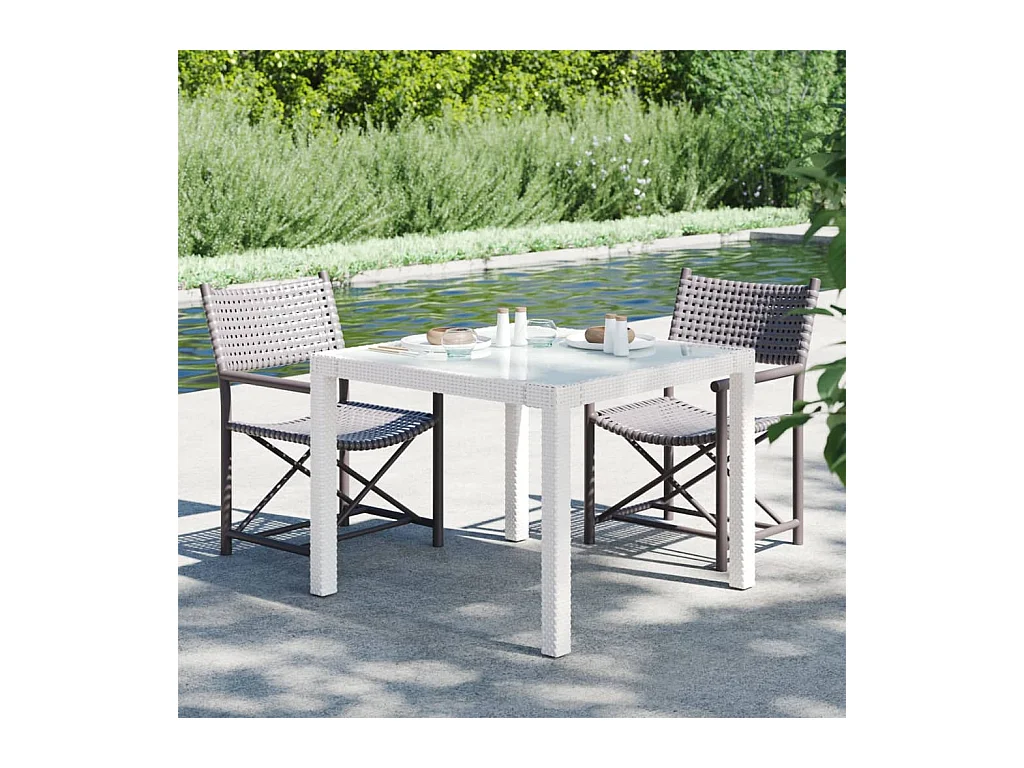 Table de jardin 90x90x75 Verre trempé et résine tressée Blanc