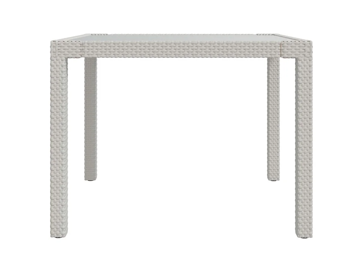 Table de jardin 90x90x75 Verre trempé et résine tressée Blanc