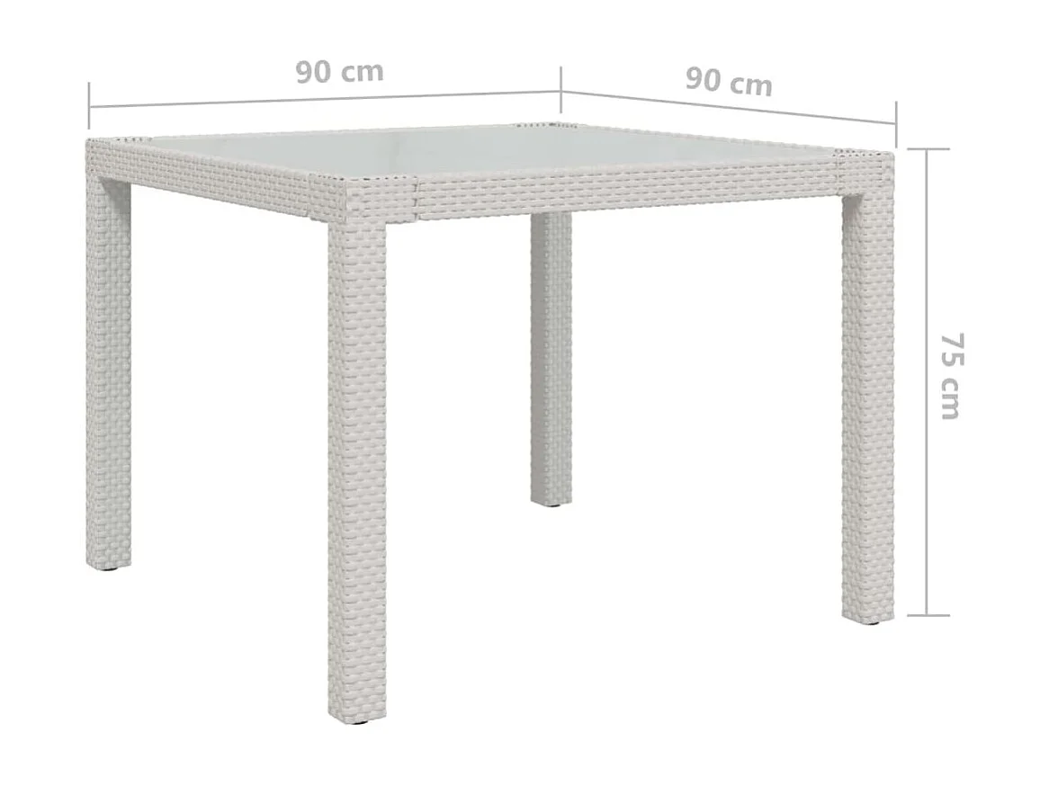 Table de jardin 90x90x75 Verre trempé et résine tressée Blanc