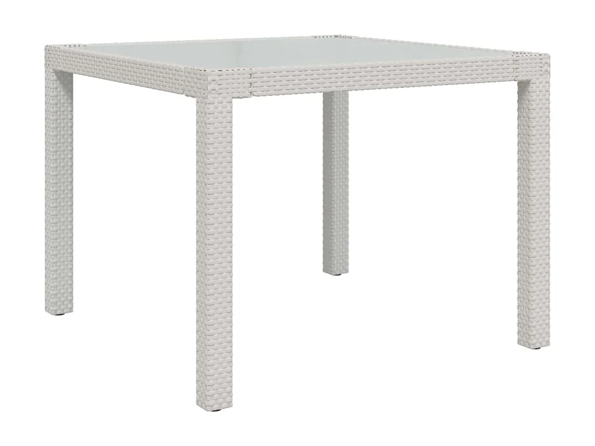 Table de jardin 90x90x75 Verre trempé et résine tressée Blanc