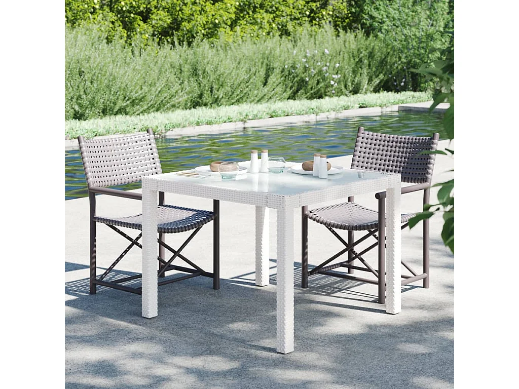 Table de jardin 90x90x75 Verre trempé et résine tressée Blanc