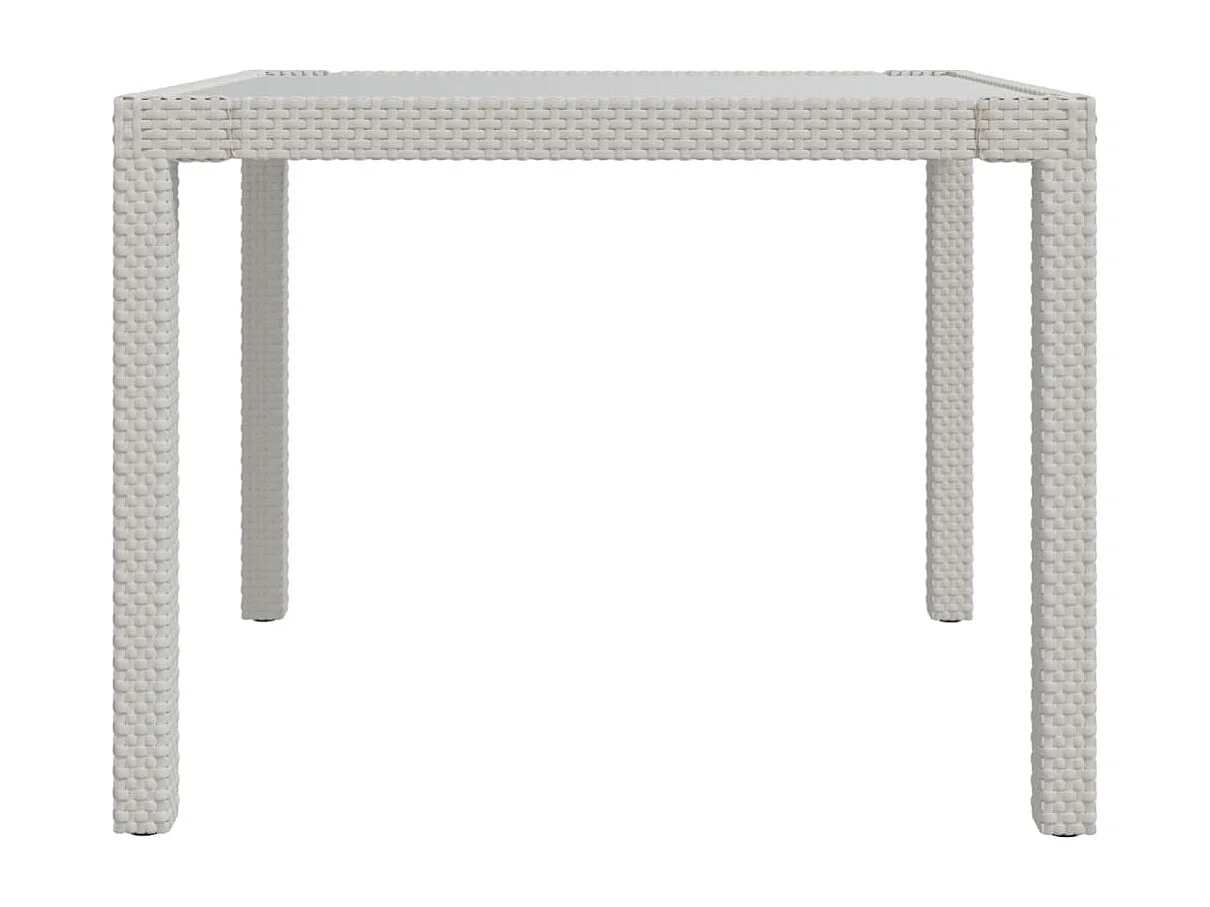 Table de jardin 90x90x75 Verre trempé et résine tressée Blanc