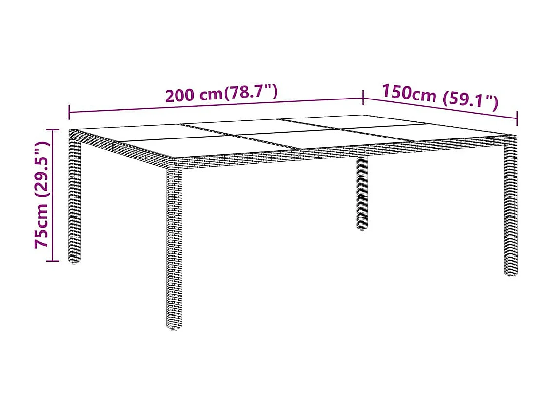 Table de jardin avec dessus en verre Marron 200x150x75 Rotin