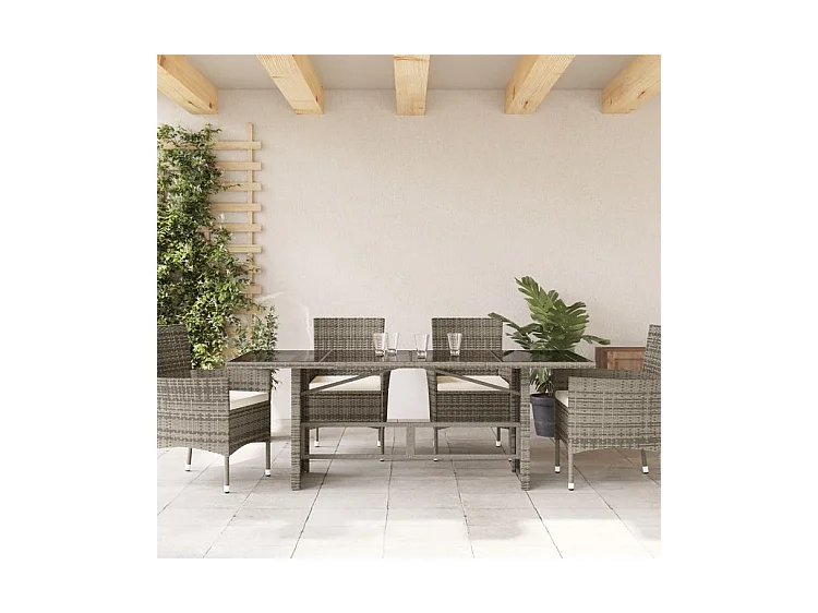 Table de jardin avec dessus en verre gris résine tressée