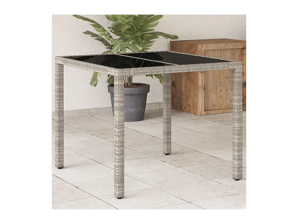 Table de jardin avec dessus en verre gris clair résine tressée