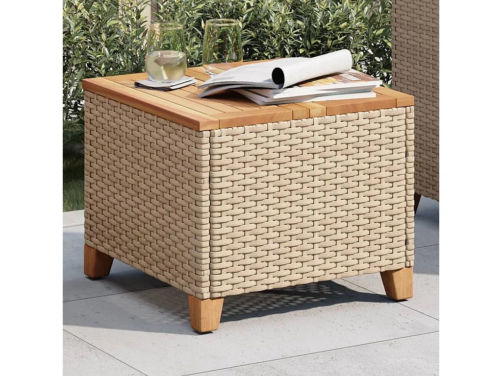 Table de jardin beige 45x45x37 résine tressée et bois acacia