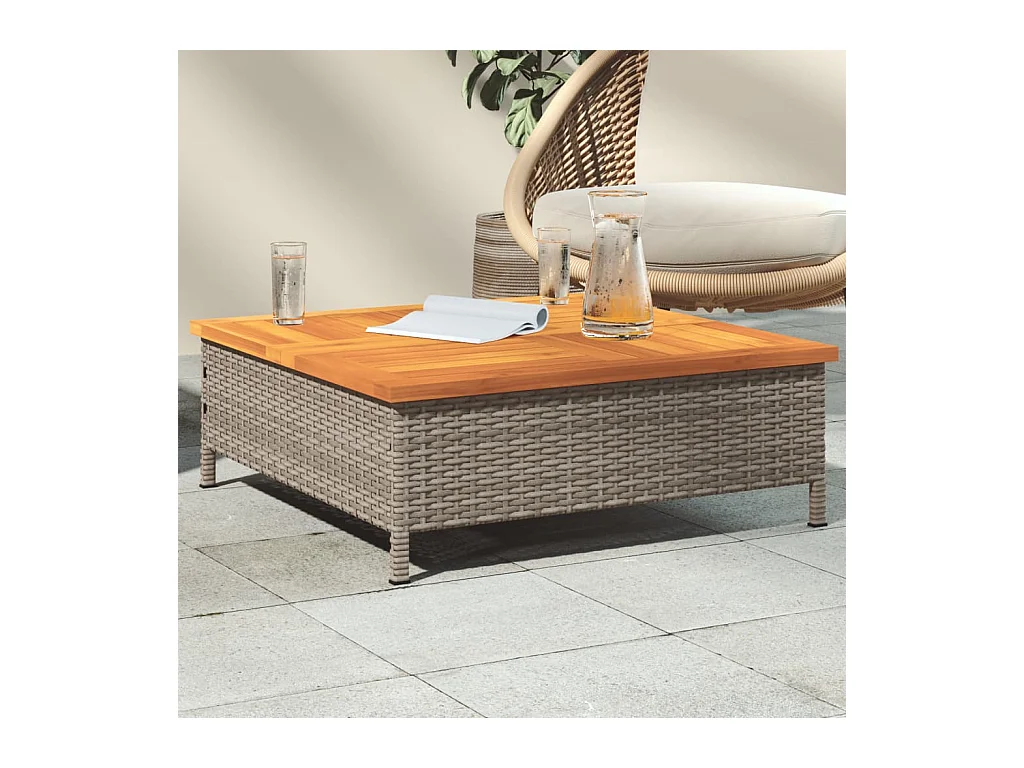 Table de jardin gris 70x70x25 résine tressée et bois acacia