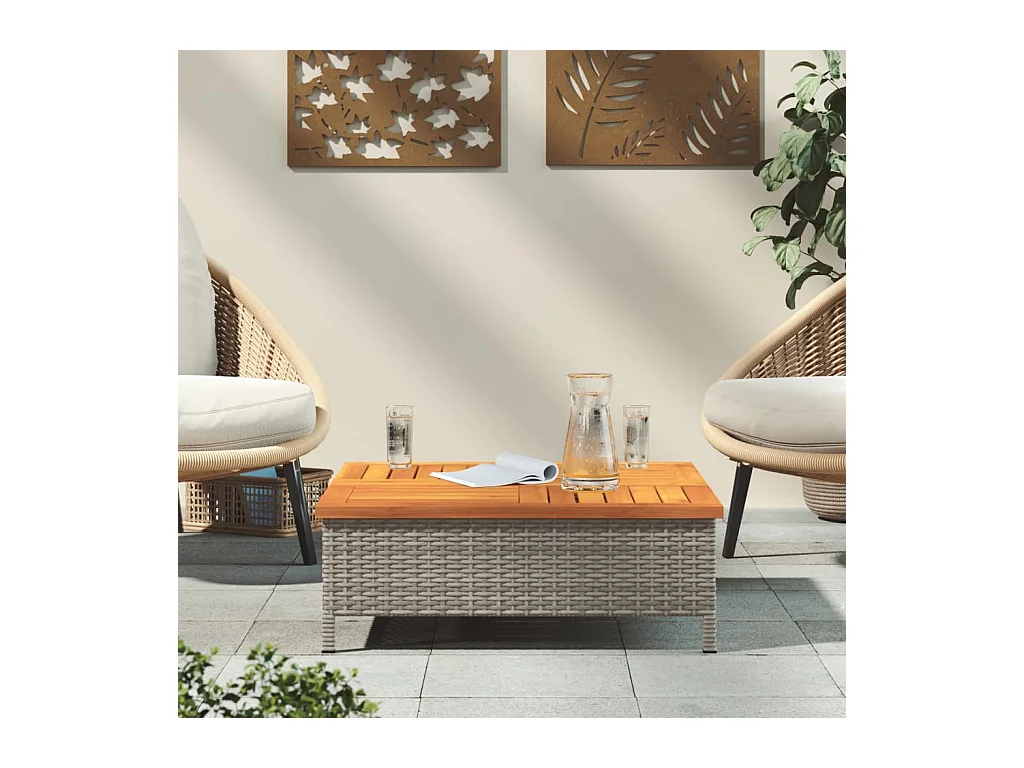 Table de jardin gris 70x70x25 résine tressée et bois acacia