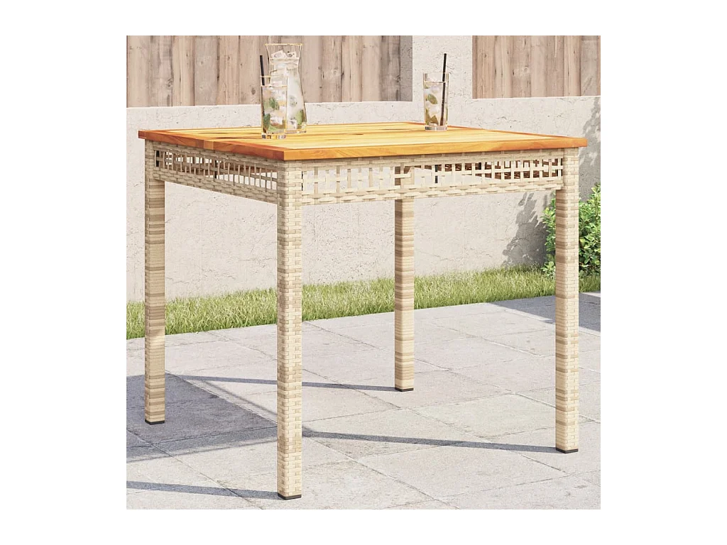 Table de jardin beige 80x80x75 résine tressée et bois acacia