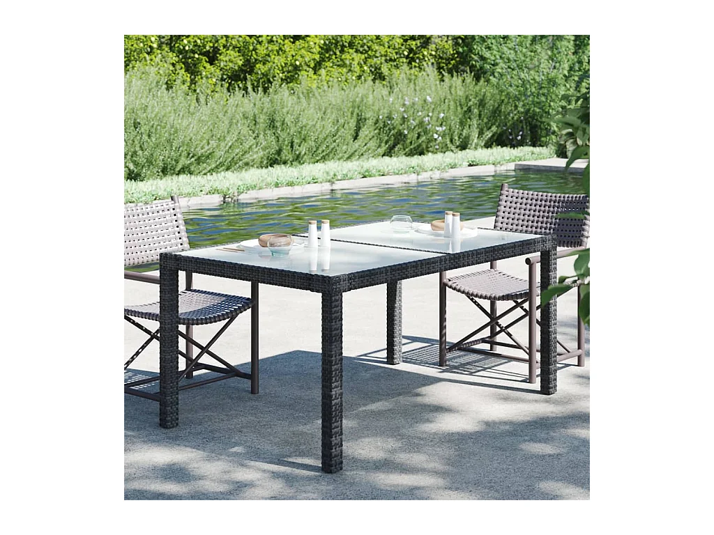 Table de jardin 150x90x75 Verre trempé et résine tressée Noir