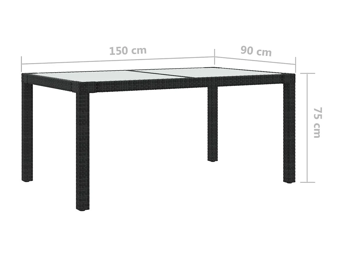 Table de jardin 150x90x75 Verre trempé et résine tressée Noir