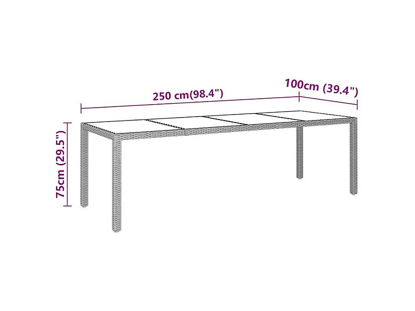 Table de jardin 250x100x75 Verre trempé et Résine tressée