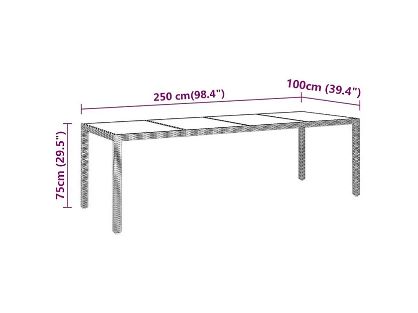 Table de jardin 250x100x75 Verre trempé et Résine tressée