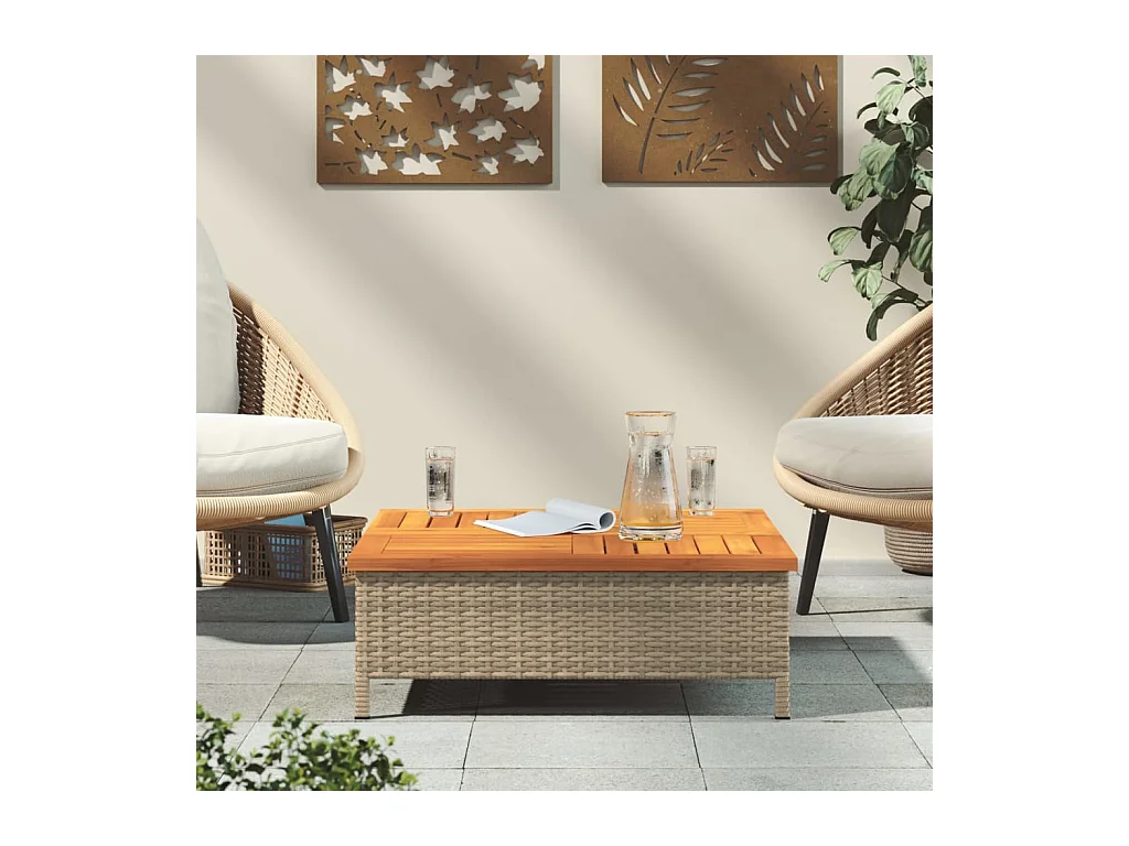 Table de jardin beige 70x70x25 résine tressée et bois acacia