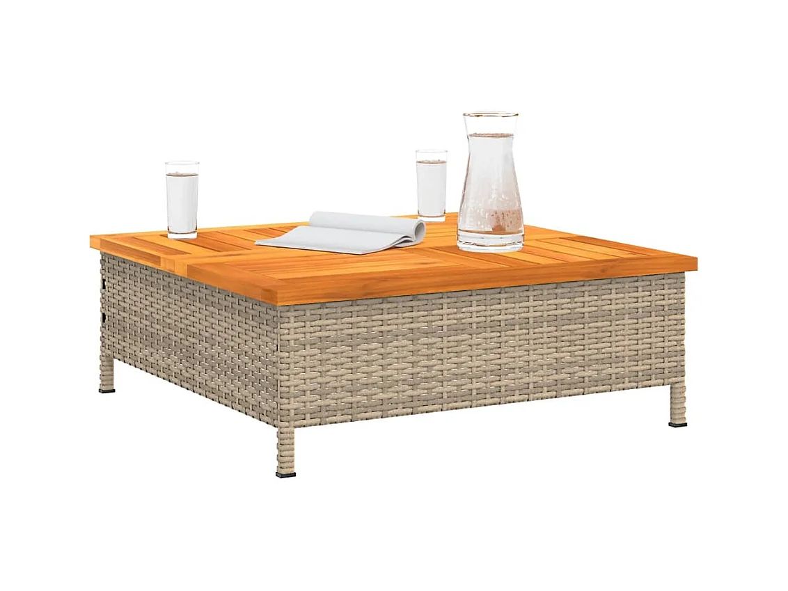 Table de jardin beige 70x70x25 résine tressée et bois acacia