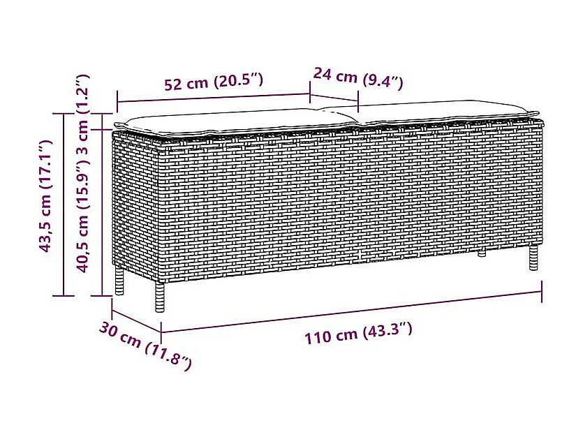 Banc de jardin coussin gris clair 110x30x40,5 résine tressée
