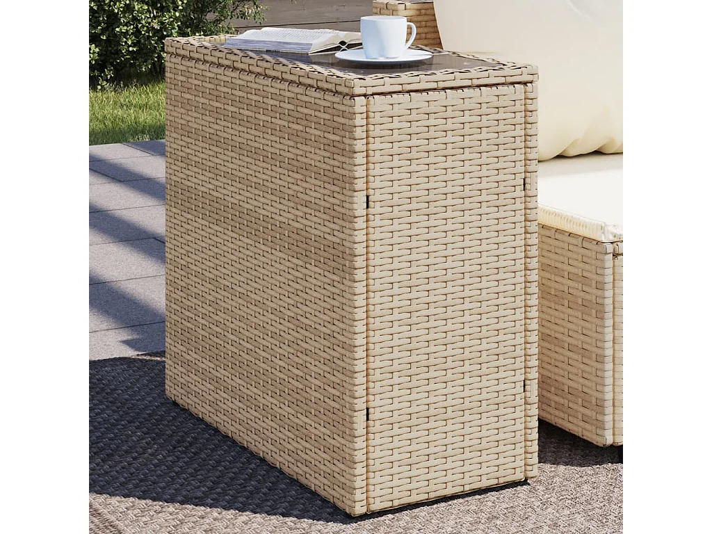 Table d'appoint de jardin avec dessus en verre beige rotin