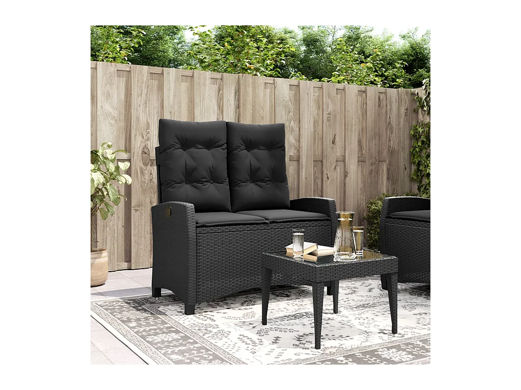 Banc inclinable de jardin avec coussins noir résine tressée