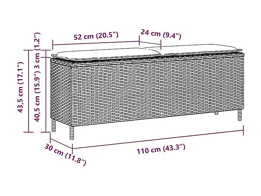 Banc de jardin avec coussin gris 110x30x40,5 résine tressée