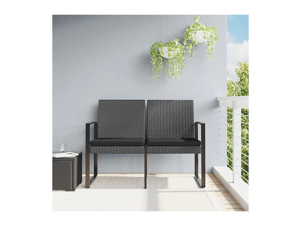 Banc de jardin à 2 places et coussins gris foncé PP rotin