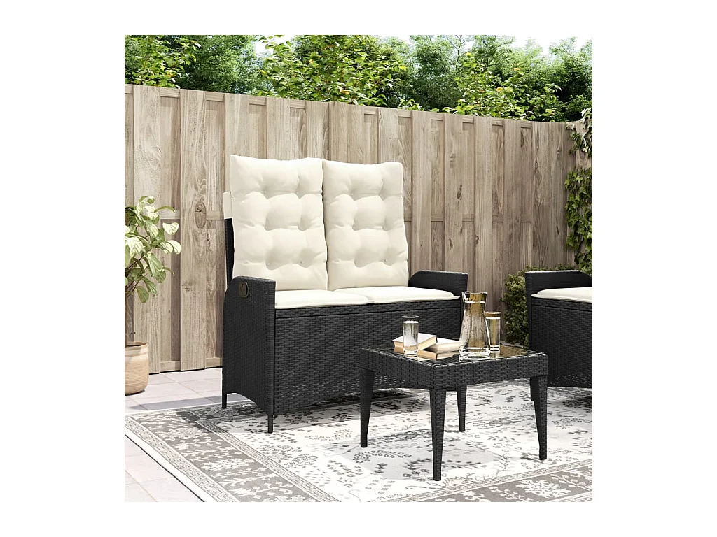 Banc inclinable de jardin avec coussins noir résine tressée