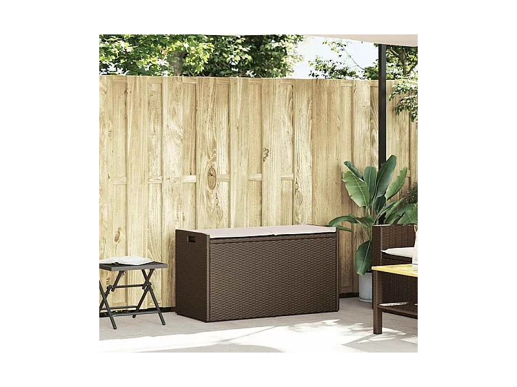 Banc de rangement extérieur coussin marron 100cm résine tressée