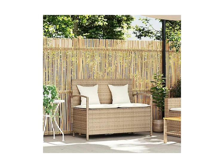 Banc de rangement de jardin avec coussin beige résine tressée