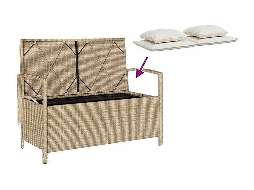 Banc de rangement de jardin avec coussin beige résine tressée
