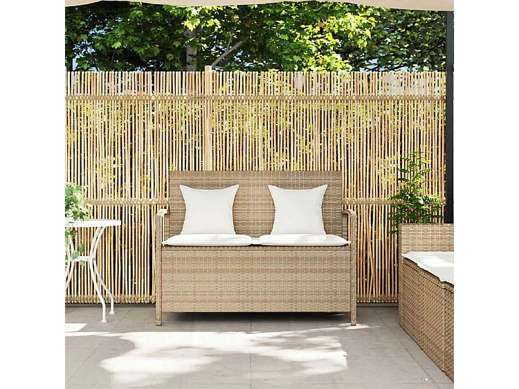 Banc de rangement de jardin avec coussin beige résine tressée