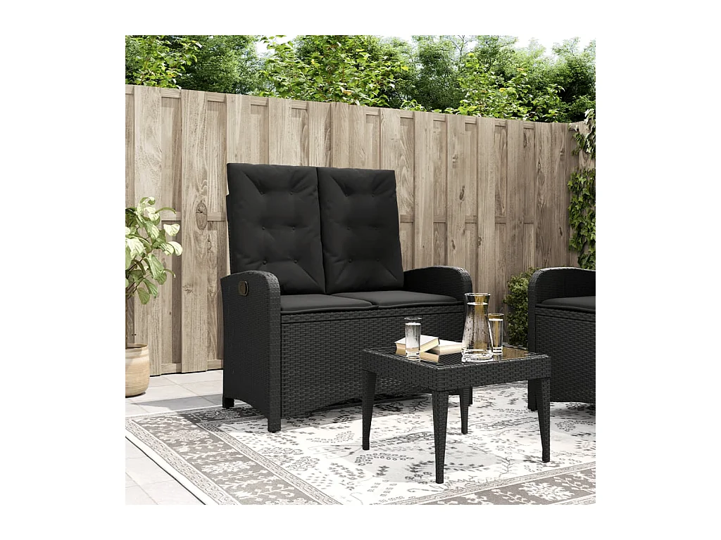 Banc inclinable de jardin avec coussins noir résine tressée