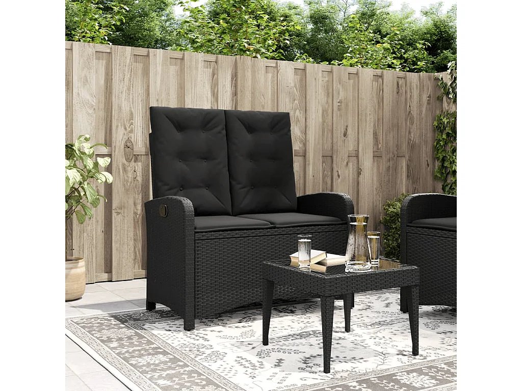 Banc inclinable de jardin avec coussins noir résine tressée