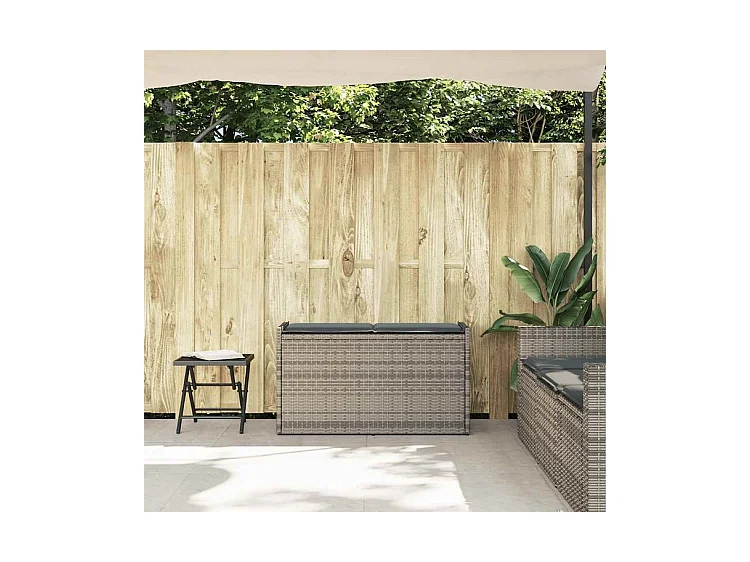 Banc de rangement extérieur coussin gris 100cm résine tressée