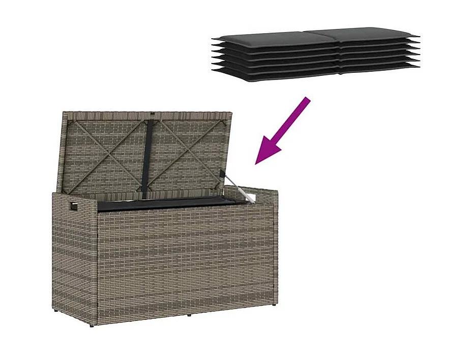 Banc de rangement extérieur coussin gris 100cm résine tressée