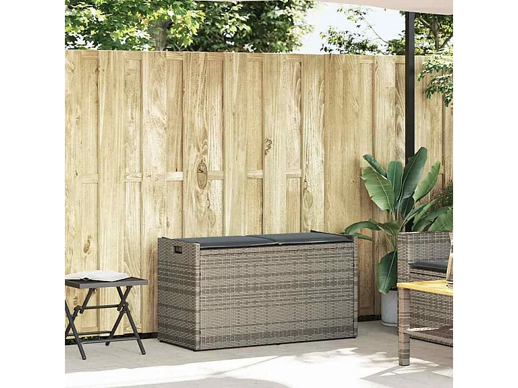 Banc de rangement extérieur coussin gris 100cm résine tressée