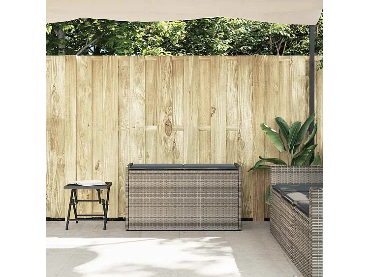 Banc de rangement extérieur coussin gris 100cm résine tressée