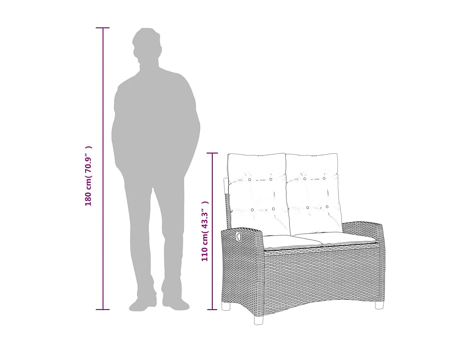 Banc inclinable de jardin et coussins gris clair résine tressée