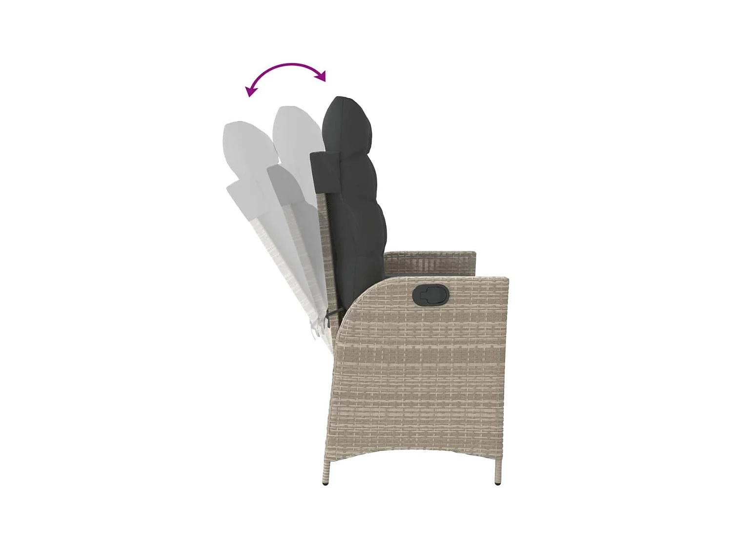 Banc inclinable de jardin et coussins gris clair résine tressée