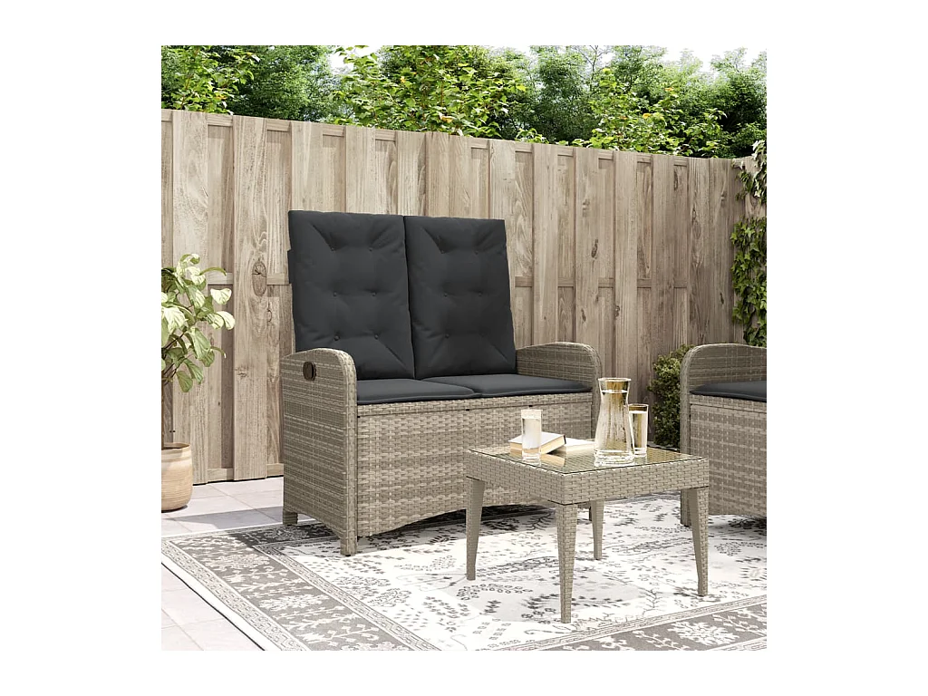 Banc inclinable de jardin et coussins gris clair résine tressée