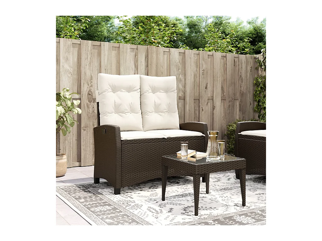 Banc inclinable de jardin avec coussins marron résine tressée