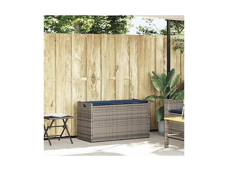 Banc de rangement extérieur coussin gris 100cm résine tressée