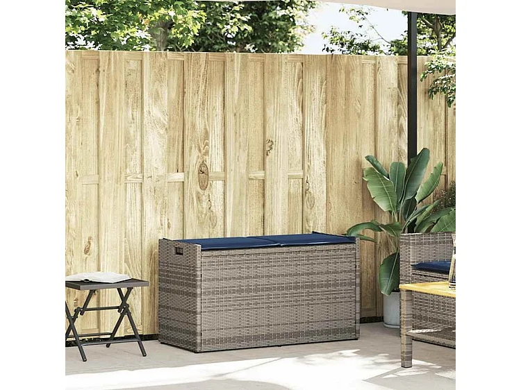 Banc de rangement extérieur coussin gris 100cm résine tressée