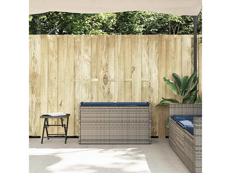 Banc de rangement extérieur coussin gris 100cm résine tressée