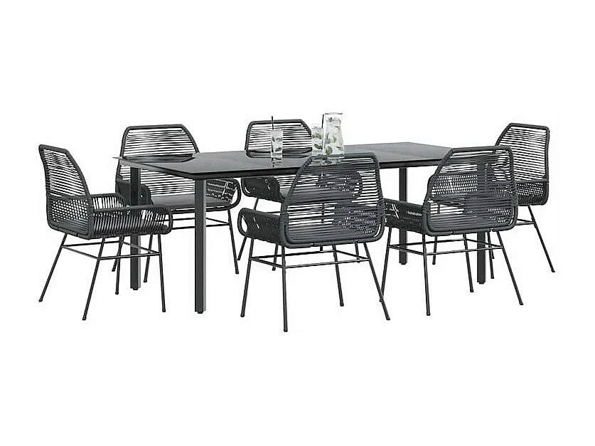 Ensemble à manger de jardin coussins 7pcs noir poly rotin verre