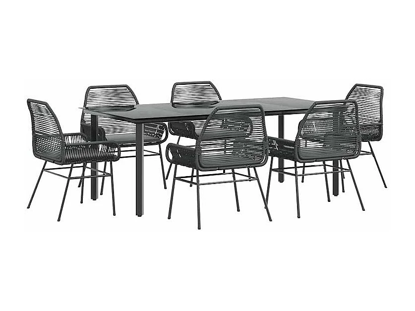 Ensemble à manger de jardin coussins 7pcs noir poly rotin verre