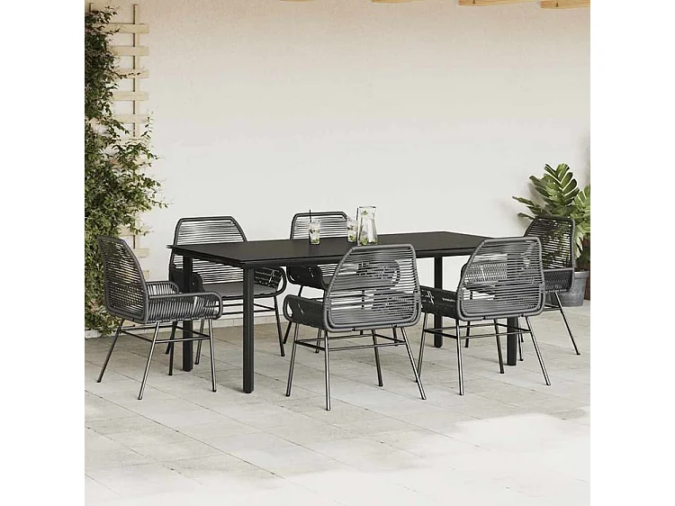 Ensemble à manger de jardin coussins 7pcs noir poly rotin verre