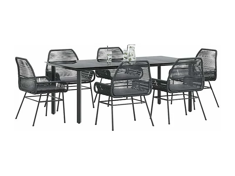 Ensemble à manger de jardin coussins 7pcs noir poly rotin verre
