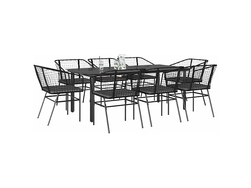 Ensemble à manger de jardin coussins 9pcs noir poly rotin verre