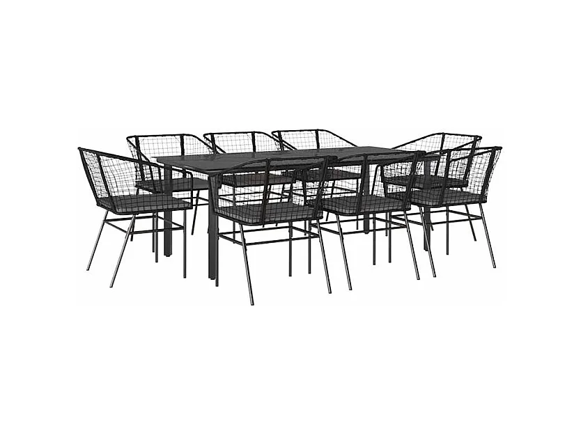 Ensemble à manger de jardin coussins 9pcs noir poly rotin verre